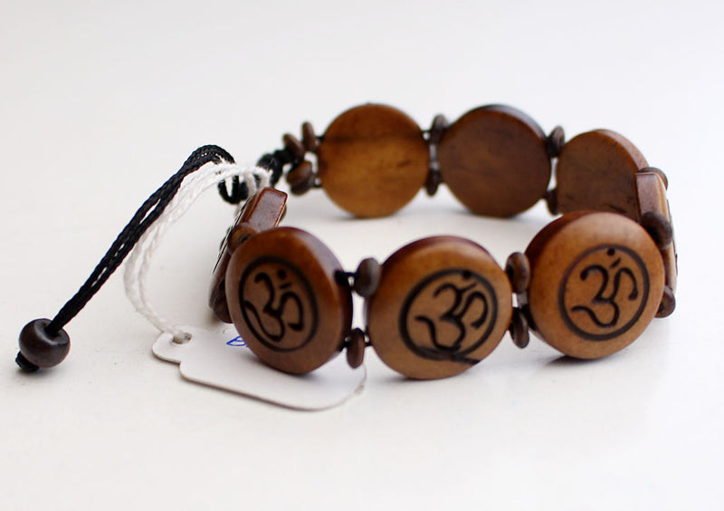 Om, Endless Knot and 8 Auspicious Symbol Carved Yak Bone Adjustable Bracelet