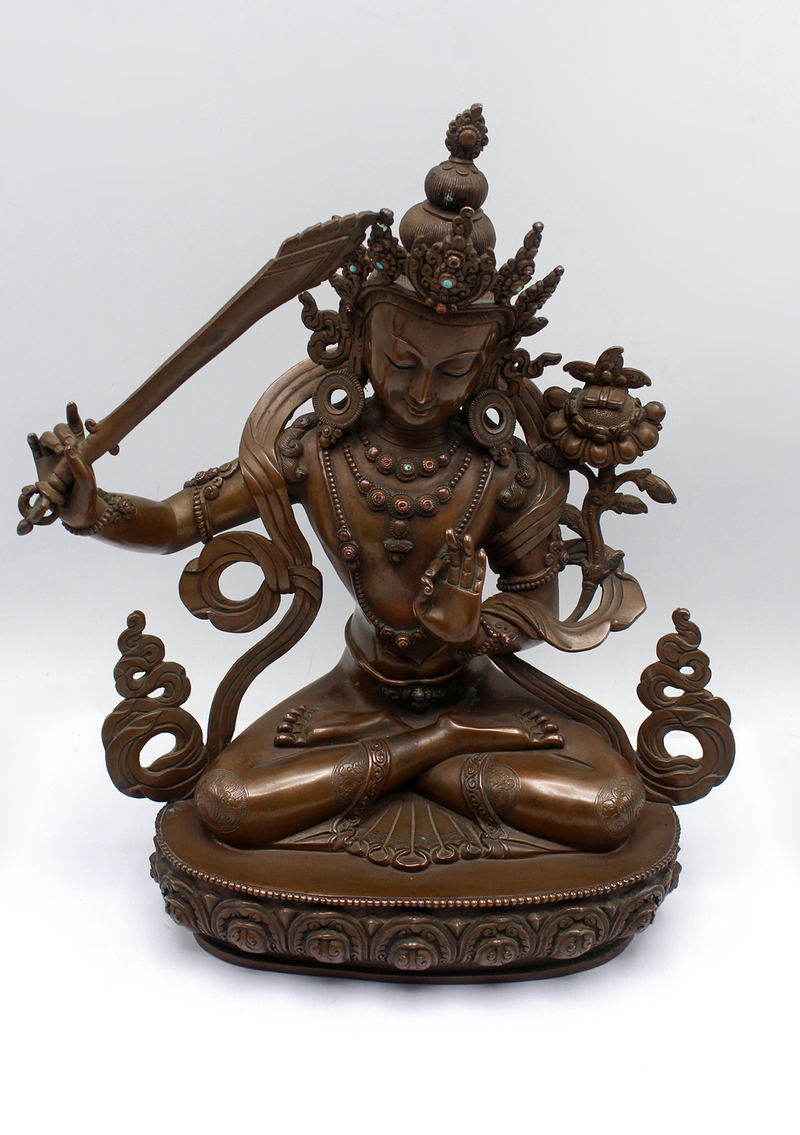 Masterfully Handcrafted Oxidized Copper Manjushri Statue – 11”