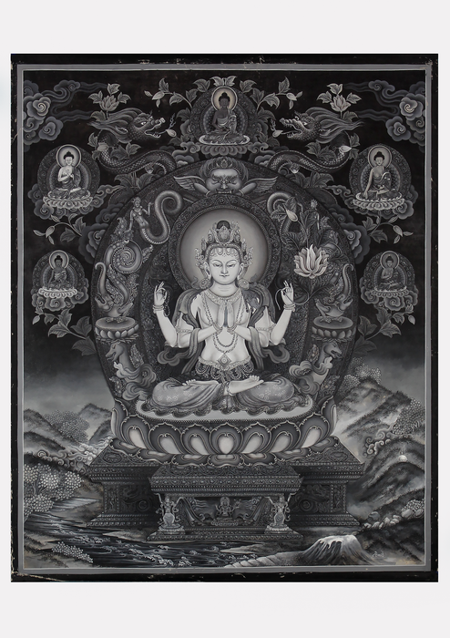 Chenrezig Black and White Masterarts Thangka Painting