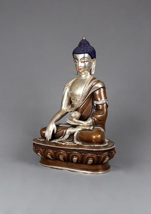 Shakyamuni Buddha Silverplated Copper Statue 8.5"H