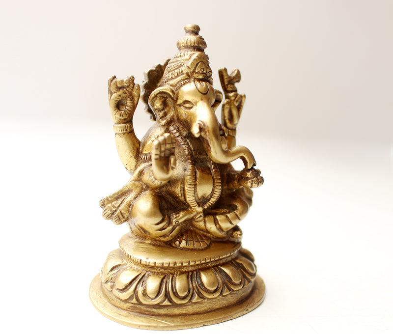 Four Armed Sitting Ganesha Statue, Brass Casted, 4 Inch High