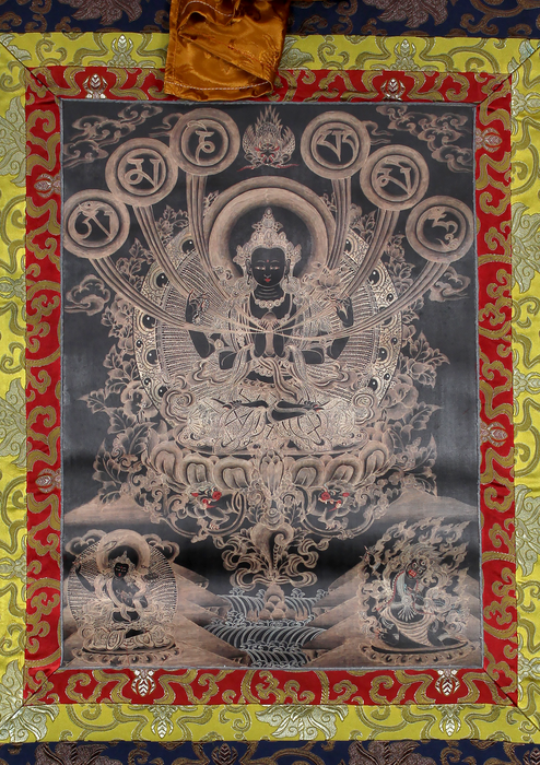 Chenrezig with OM Mani Mantra Brocade Thangka Painting