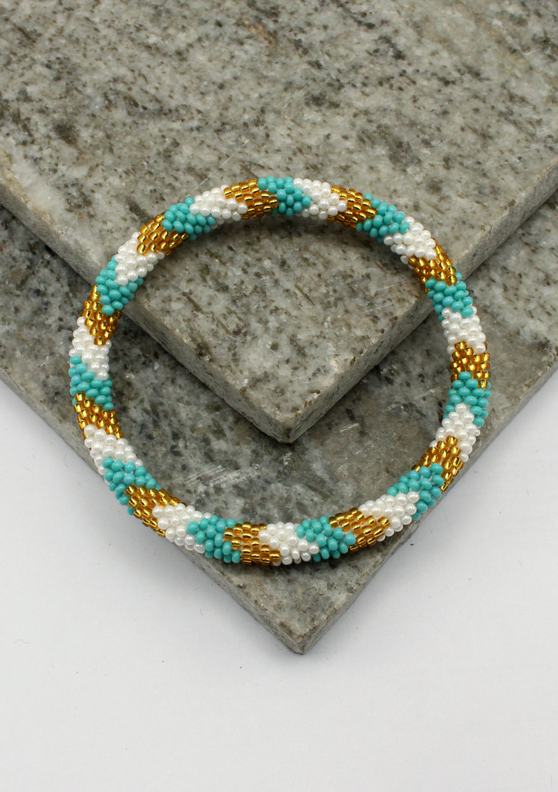 Blue White Roll on Beads Gold Bracelet
