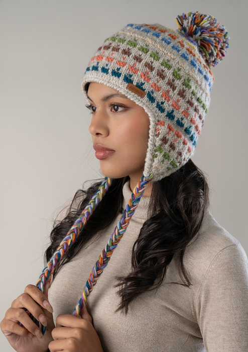 Handknitted Beige Multicolor Dotted Pompom Sherpa Cap