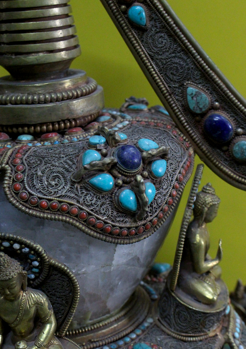 Elephant Guardian Serenity: Five Buddha Crystal Stupa Bowl Enhanced with Turquoise, Coral, and Lapis Lazuli Stones