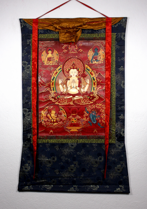 Chenrezig God of Compassion Brocade Thangka Painting