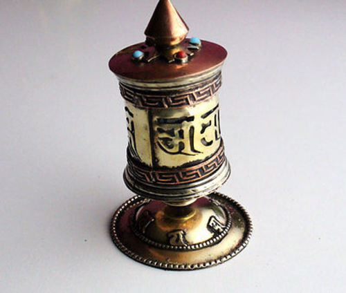 Om Mani Copper Metal Sheet Cut Desktop Prayer Wheel