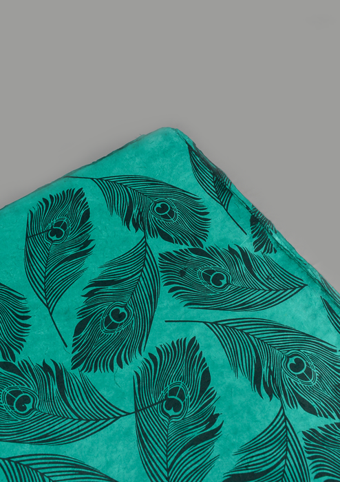 Peacock Feather Printed Green Lokta Paper Gift Wrap