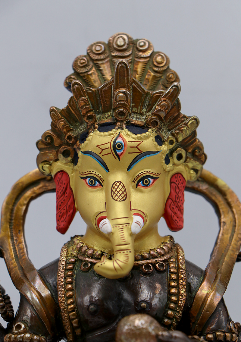 Gold Face Painted Copper Ganesh Statue 7"H