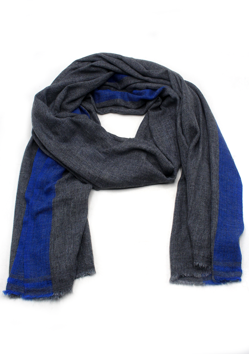Blue Border Plain Dark Gray Mix Wool Cashmere Shawl