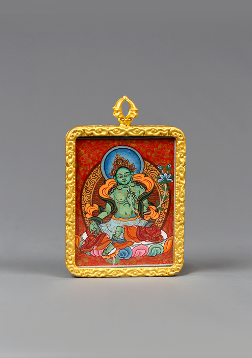 Green Tara  Mini Thangka Amulet Gold Color Frame