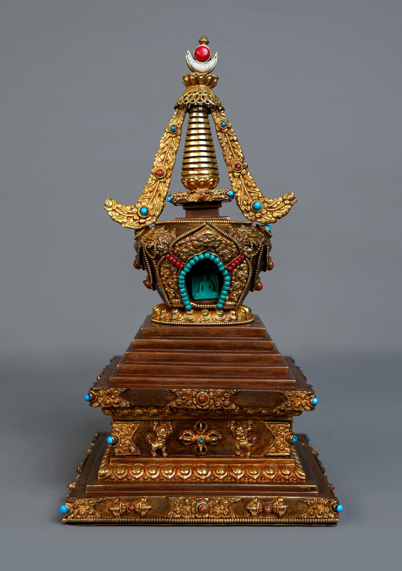 Handcrafted  Gold Plated Chorten Stupa 13" H