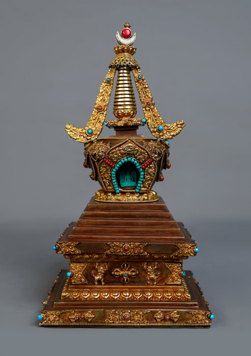 Handcrafted  Gold Plated Chorten Stupa 13" H