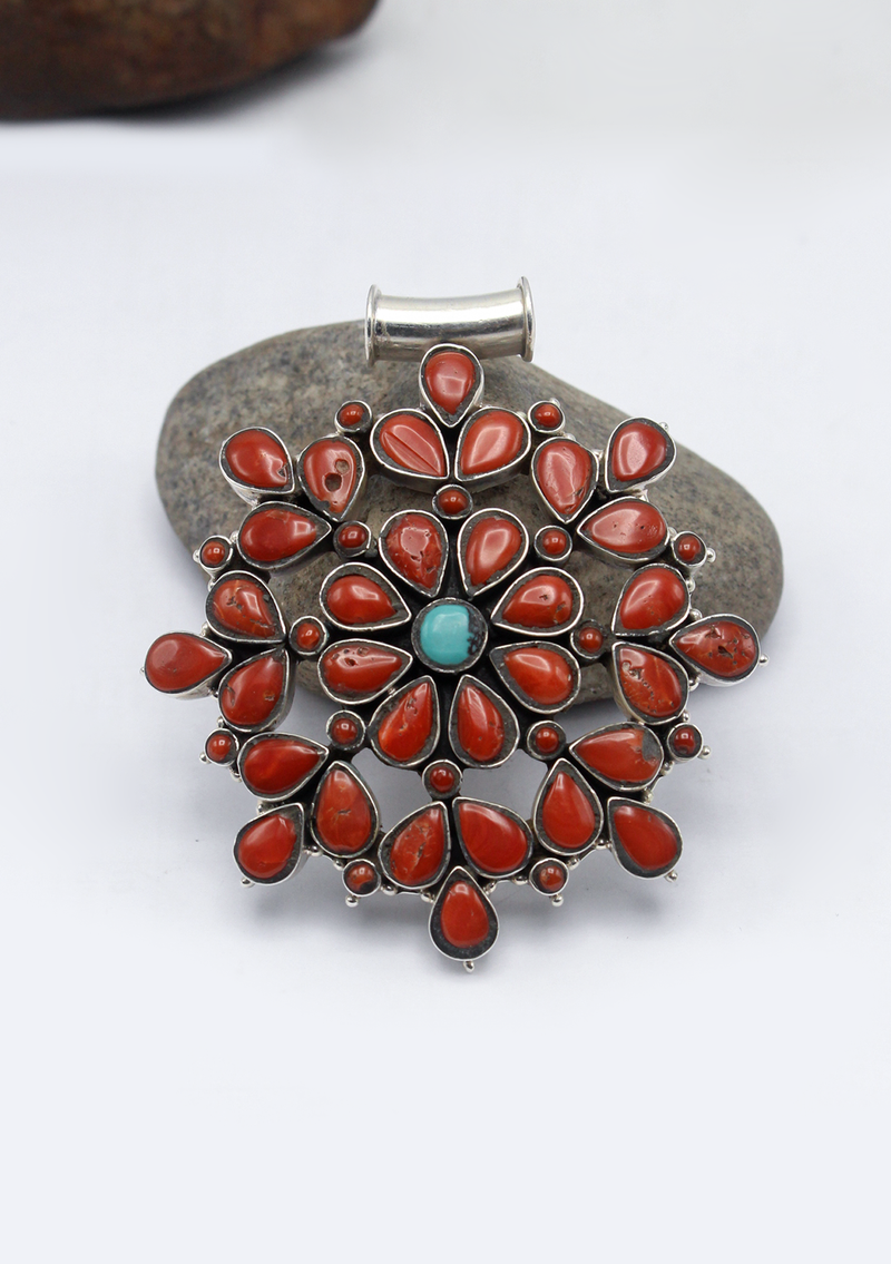 Multistone Coral  Flower  with Turquoise Silver Sterling Pendant