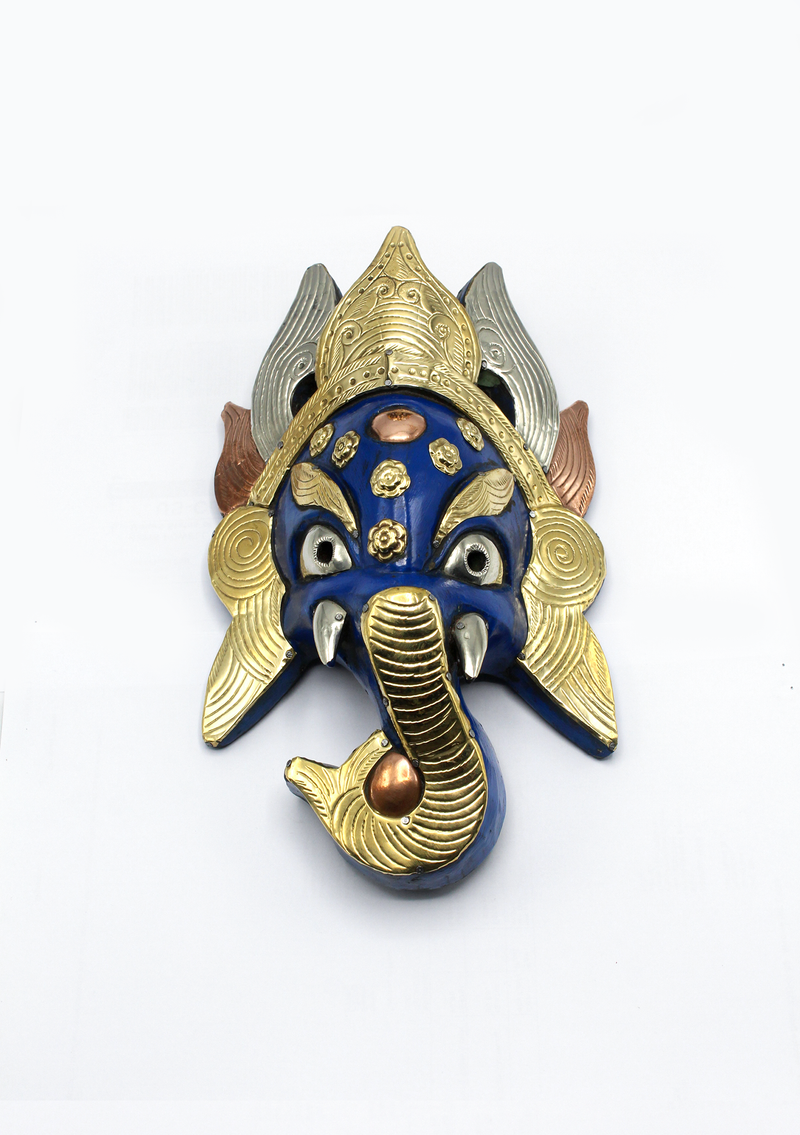 Hand Painted Blue Ganesh  Wooden Wall Hanging Mask