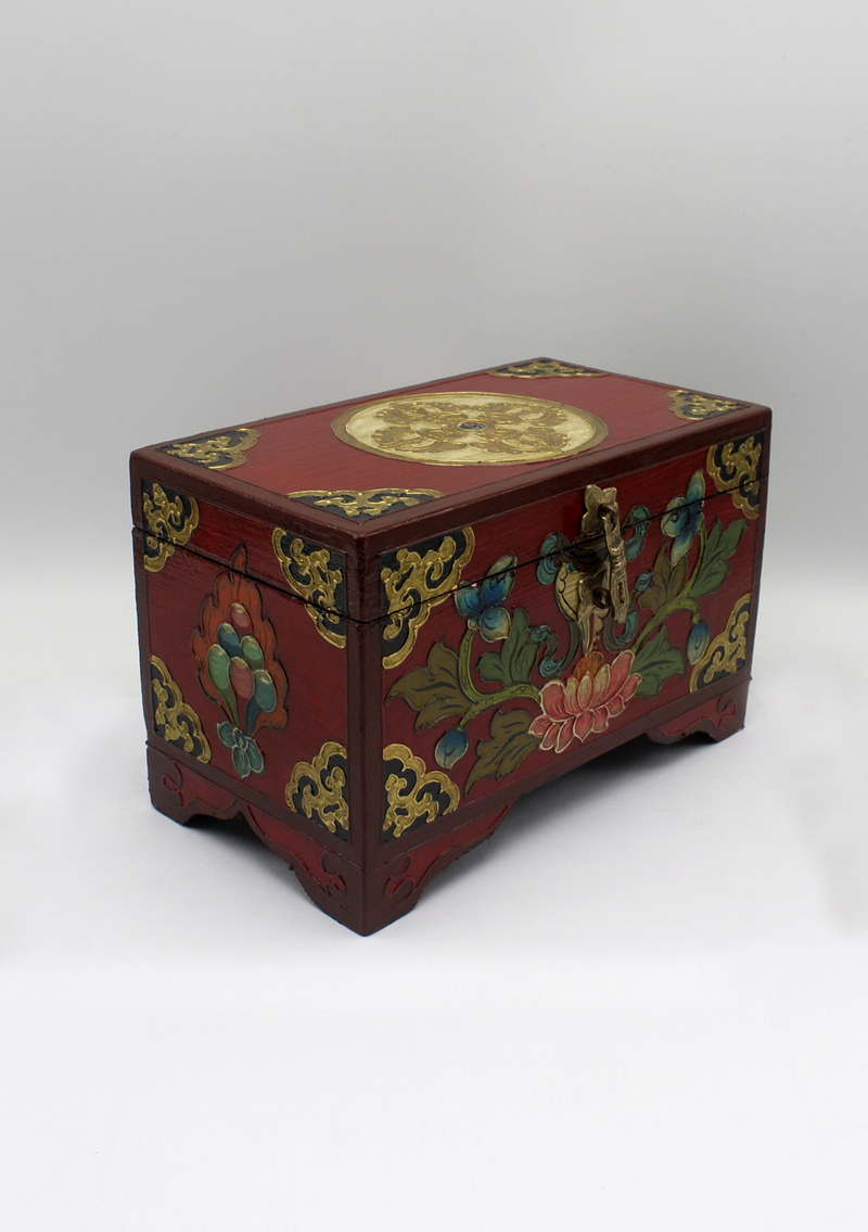 Handpainted Tibetan Double Dorjee Green Wooden Box -Large