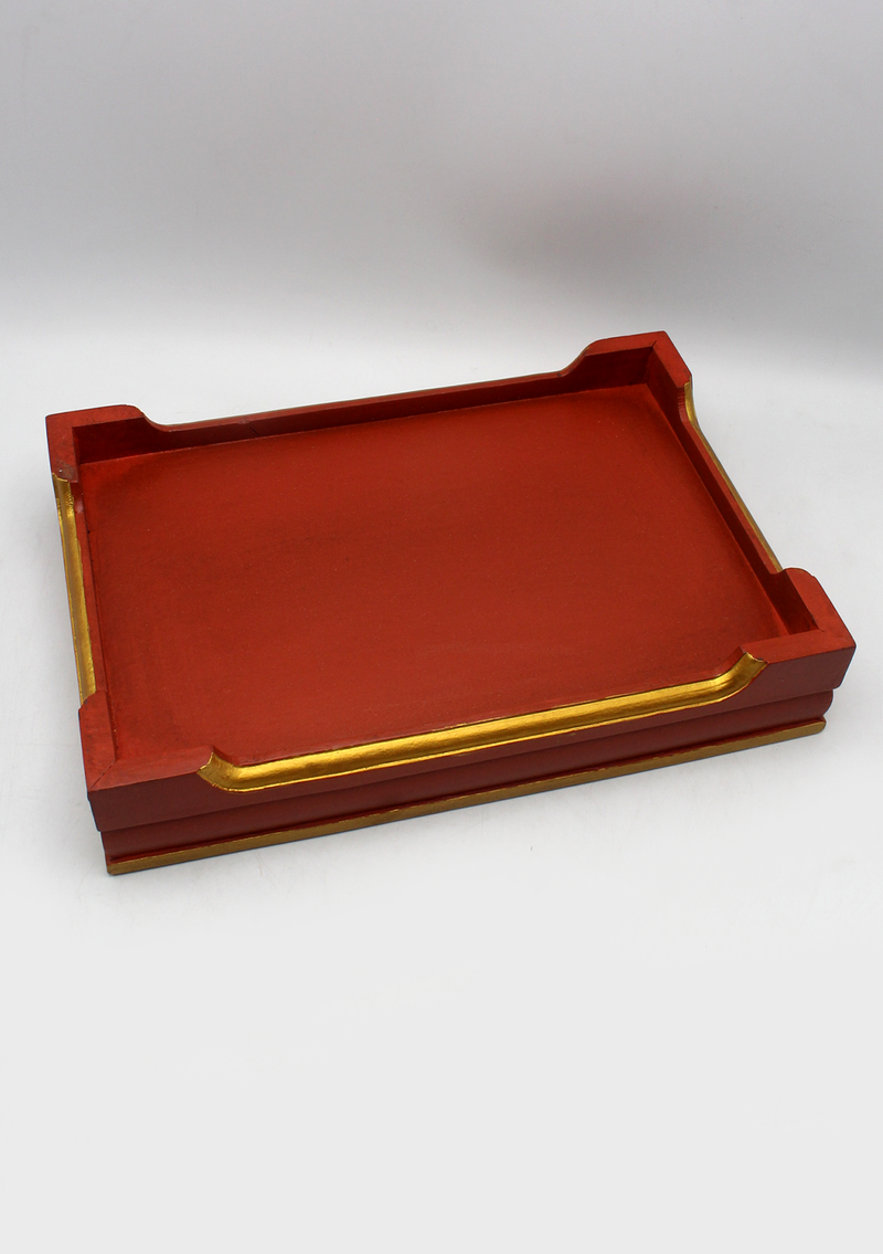Handcrafted Dharmachakra Rectangular Tibetan Tray- Red