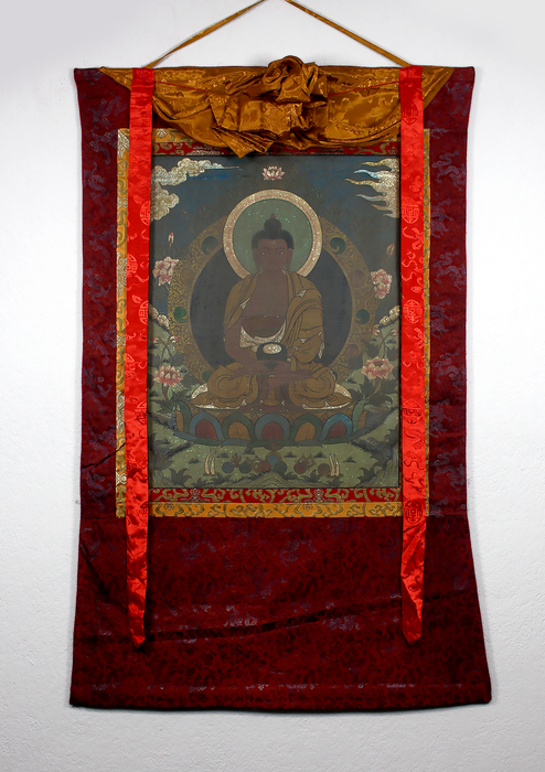 Antique Amitabha Buddha Brocade Thangka Painting
