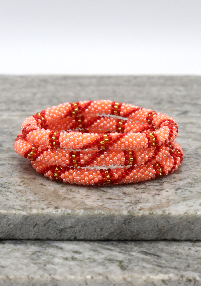 Red Pink Gold Stripe Nepalese Roll on Beads Bracelet