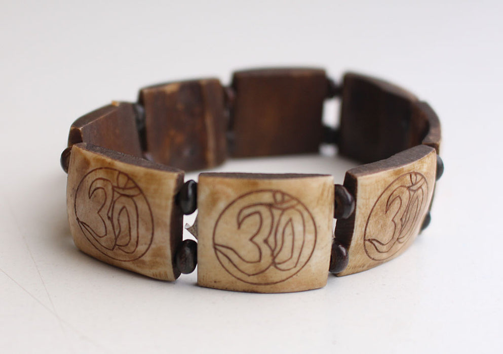 Om, Endless Knot and 8 Auspicious Symbol Carved Yak Bone Adjustable Bracelet