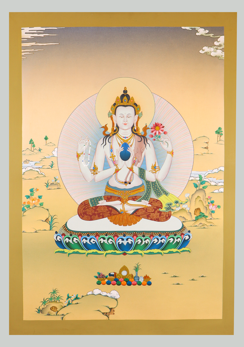 White Chenrezig Thangka Painting (Meditation Series)