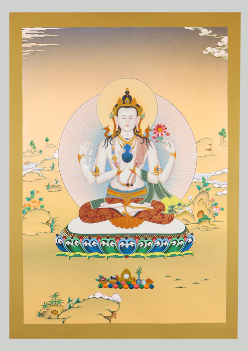 White Chenrezig Thangka Painting (Meditation Series)
