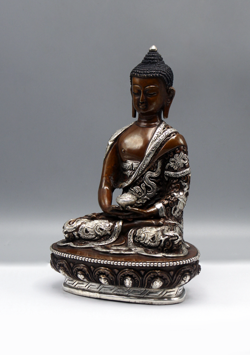 Silver Copper Amitabha Buddha Statue 8"H