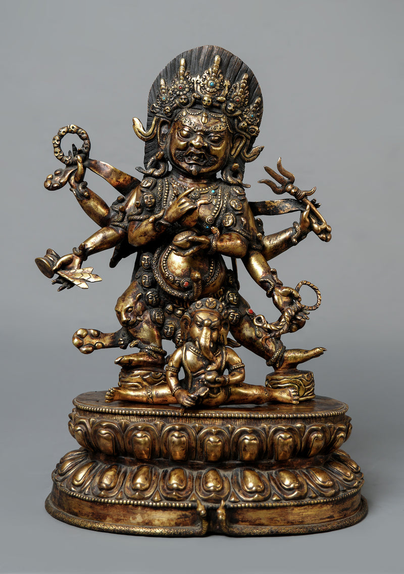 Masterpiece Antique Style Six Armed Mahakala with Ganesh Statue 17" H