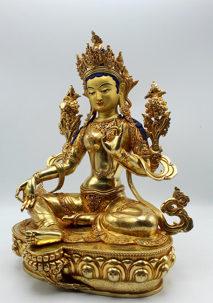 Majestic  24K Gold Gilted Green Tara Statue 14" H