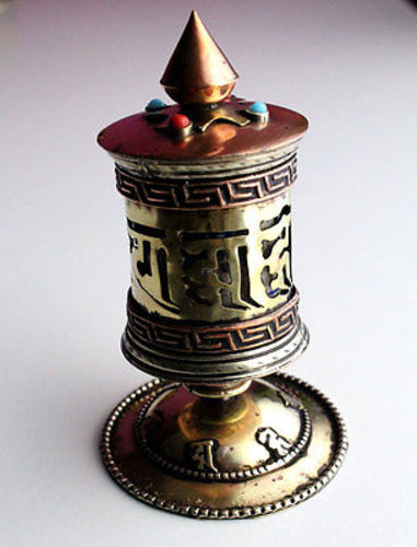 Om Mani Copper Metal Sheet Cut Desktop Prayer Wheel