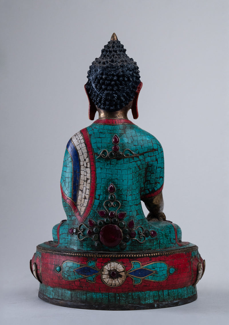 13" High Shakyamuni Buddha Statue Inlaid Turquoise and Coral