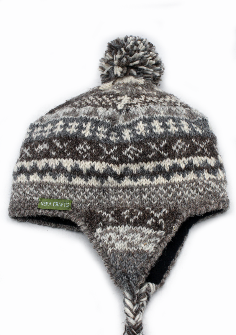 Natural Dark  Color Hand Knitted Winter Sherpa Cap