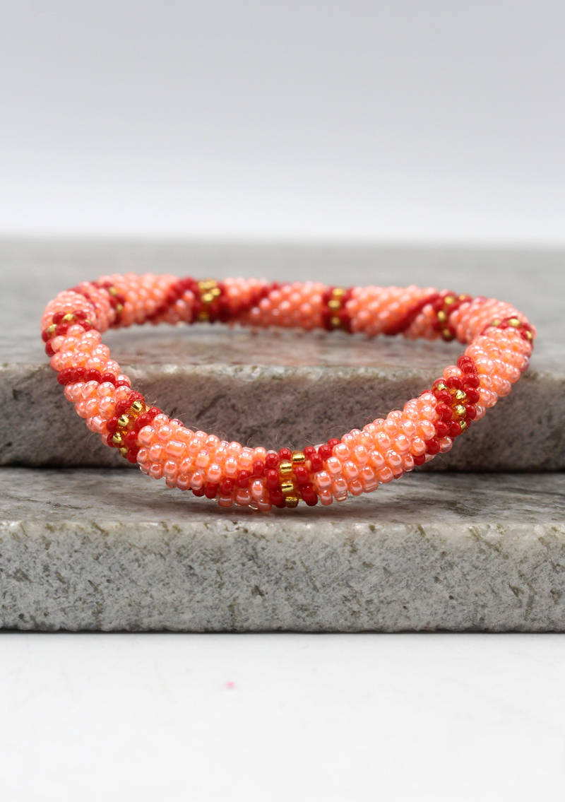 Red Pink Gold Stripe Nepalese Roll on Beads Bracelet