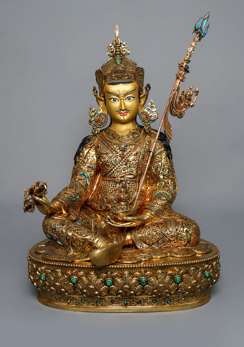 Masterpiece 24K Gold Plated Stone Inlaid Guru Padmasambhava Statue 2 feet High