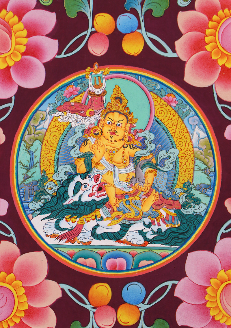 Yellow Dzambala  Flower Circle Thangka Painting
