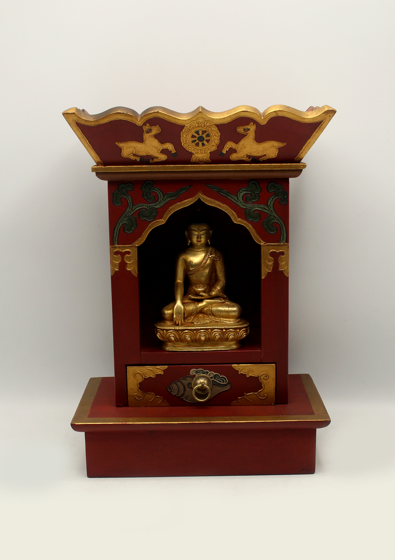 Handpainted Tibetan Wooden Red Shrine with Conch