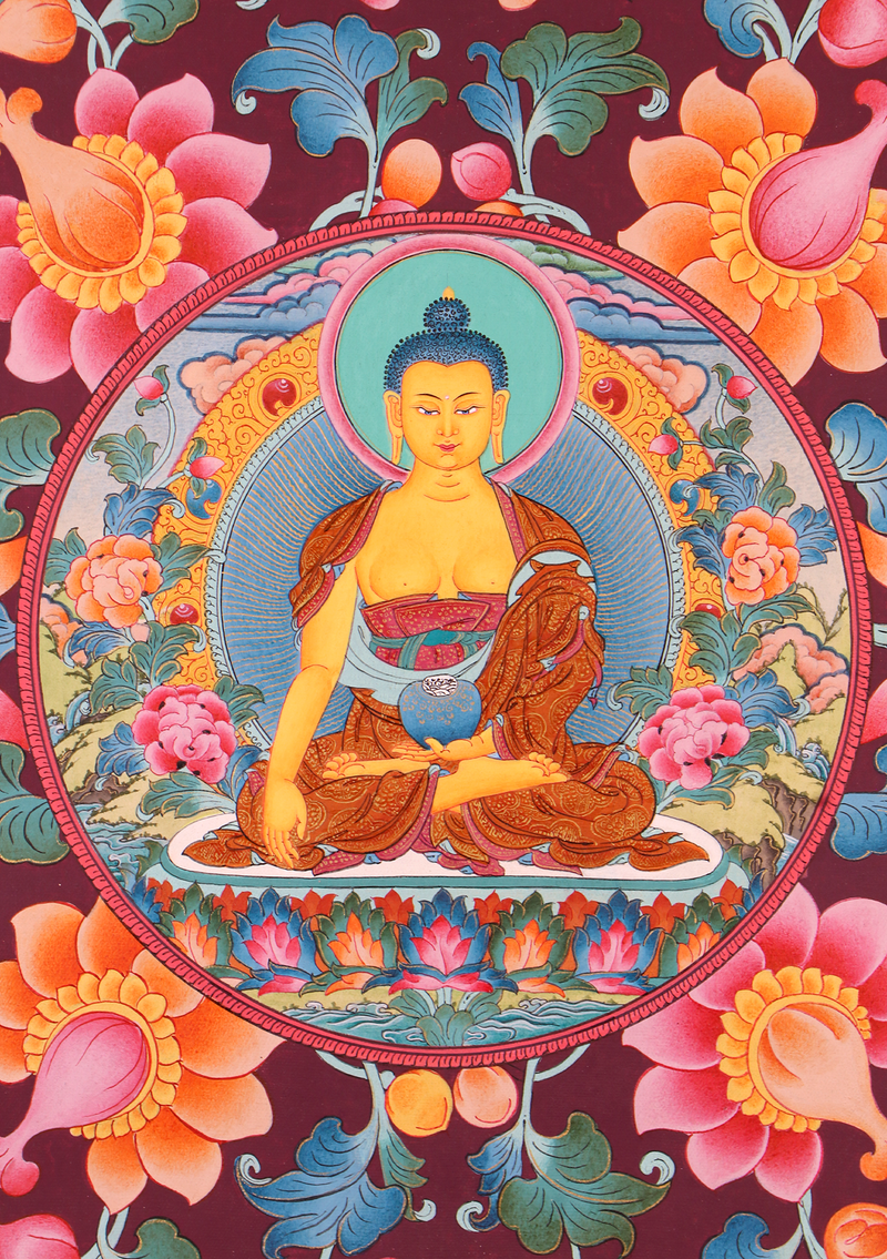 Shakyamuni Buddha  Flower Circle Thangka Painting