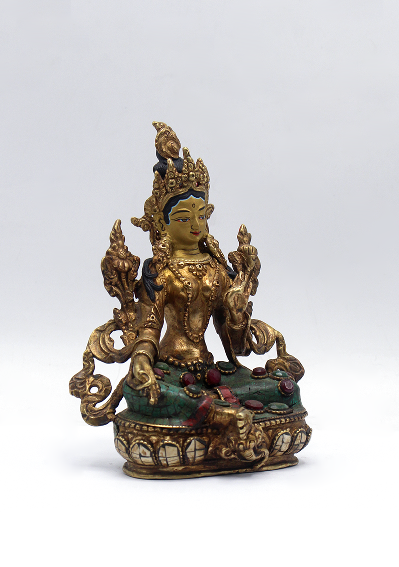 Stone Inlaid Copper Green Tara Statue 5.5"H