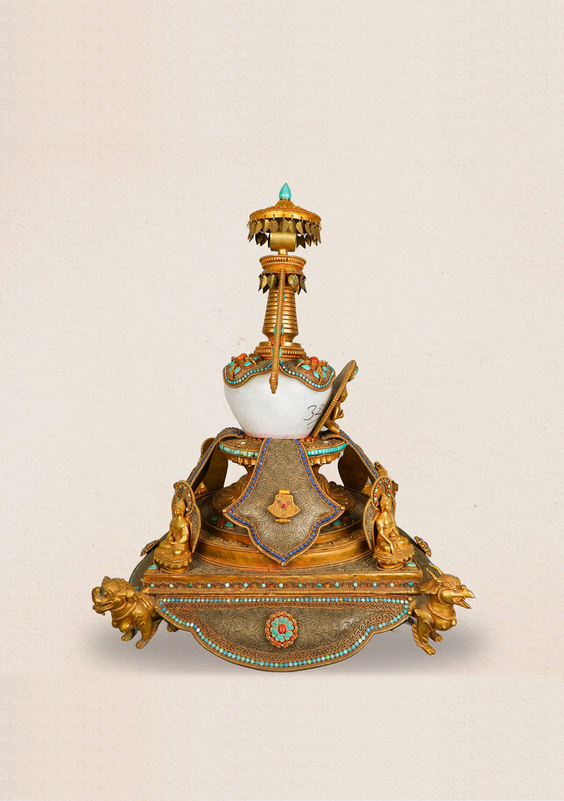 Lionhearted Illumination Five Buddha Stupa with Crystal Bowl and Turquoise Adornments on Majestic Lions