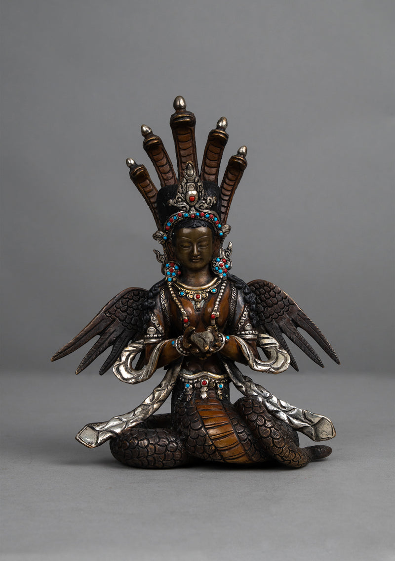 Copper Nagakanya Statue with Silver Highlights 9" H