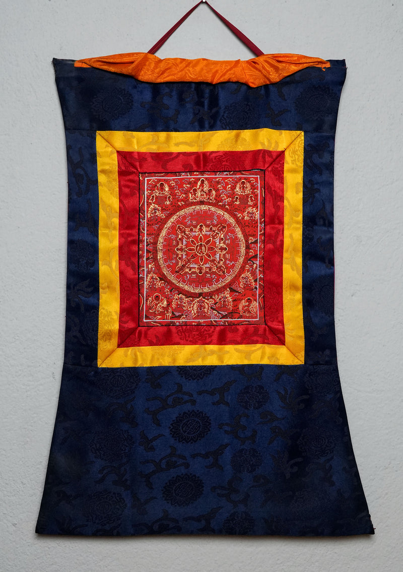 Red Mandala with Buddha Thangka Painting with Brocade