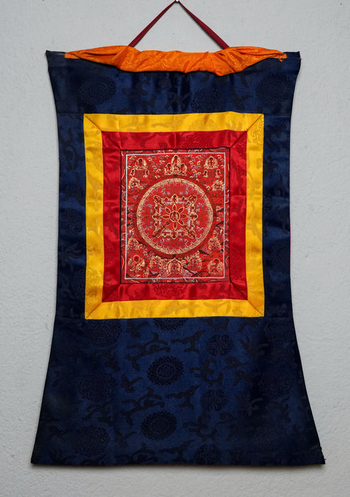 Red Mandala with Buddha Thangka Painting with Brocade