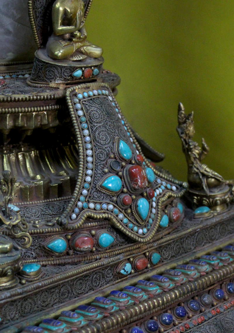 Elephant Guardian Serenity: Five Buddha Crystal Stupa Bowl Enhanced with Turquoise, Coral, and Lapis Lazuli Stones