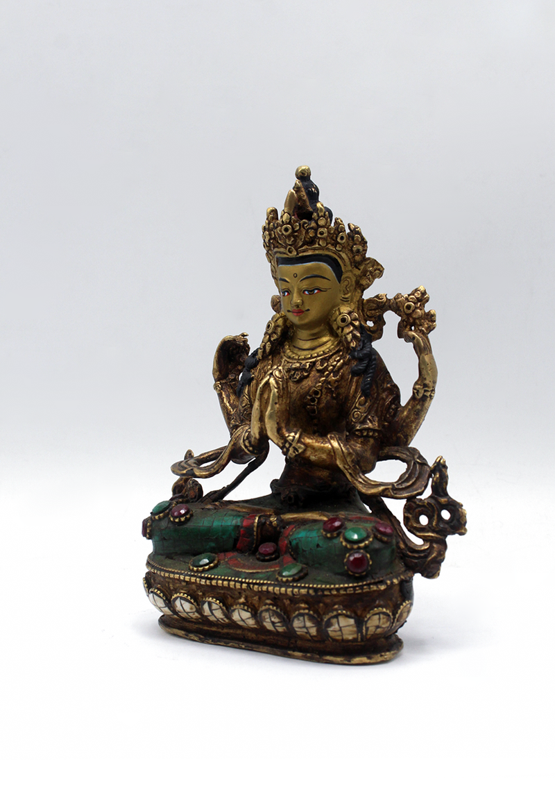 Stone Inlaid Copper Chenrezig Statue 5.5"H