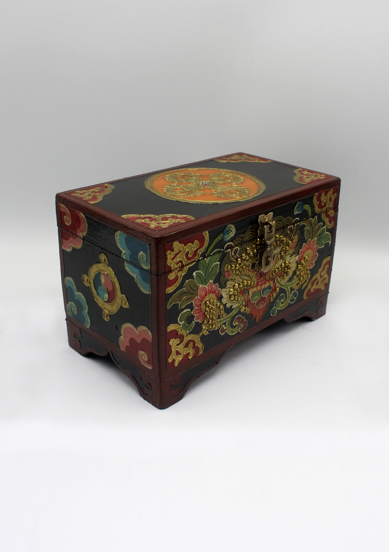 Handpainted Tibetan Double Dorjee Green Wooden Box -Large