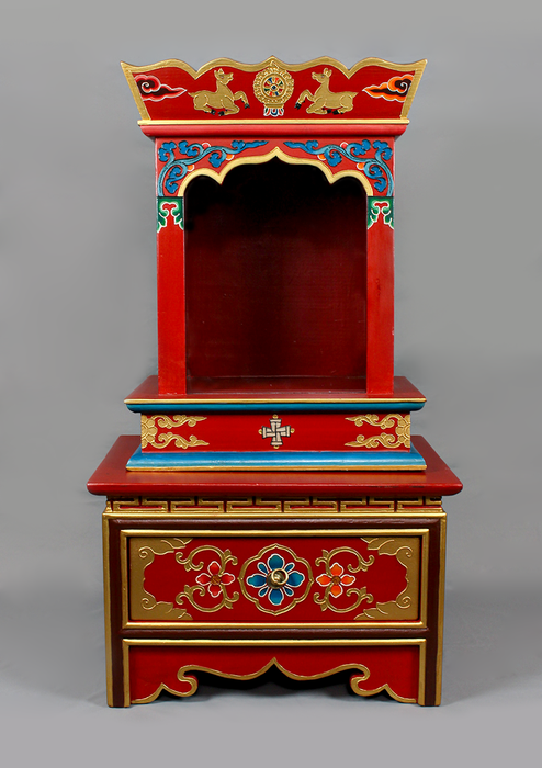 Handpainted Tibetan Wooden Shrine Box Table with Drawer