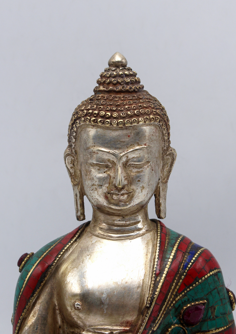 Stone Inlaid Copper Silverplated Medicine Buddha Statue 6.5"H