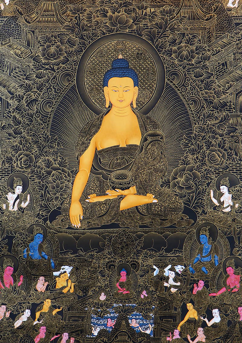 Shakyamuni 24 K Gold and Black with Disciples Thangka Painting