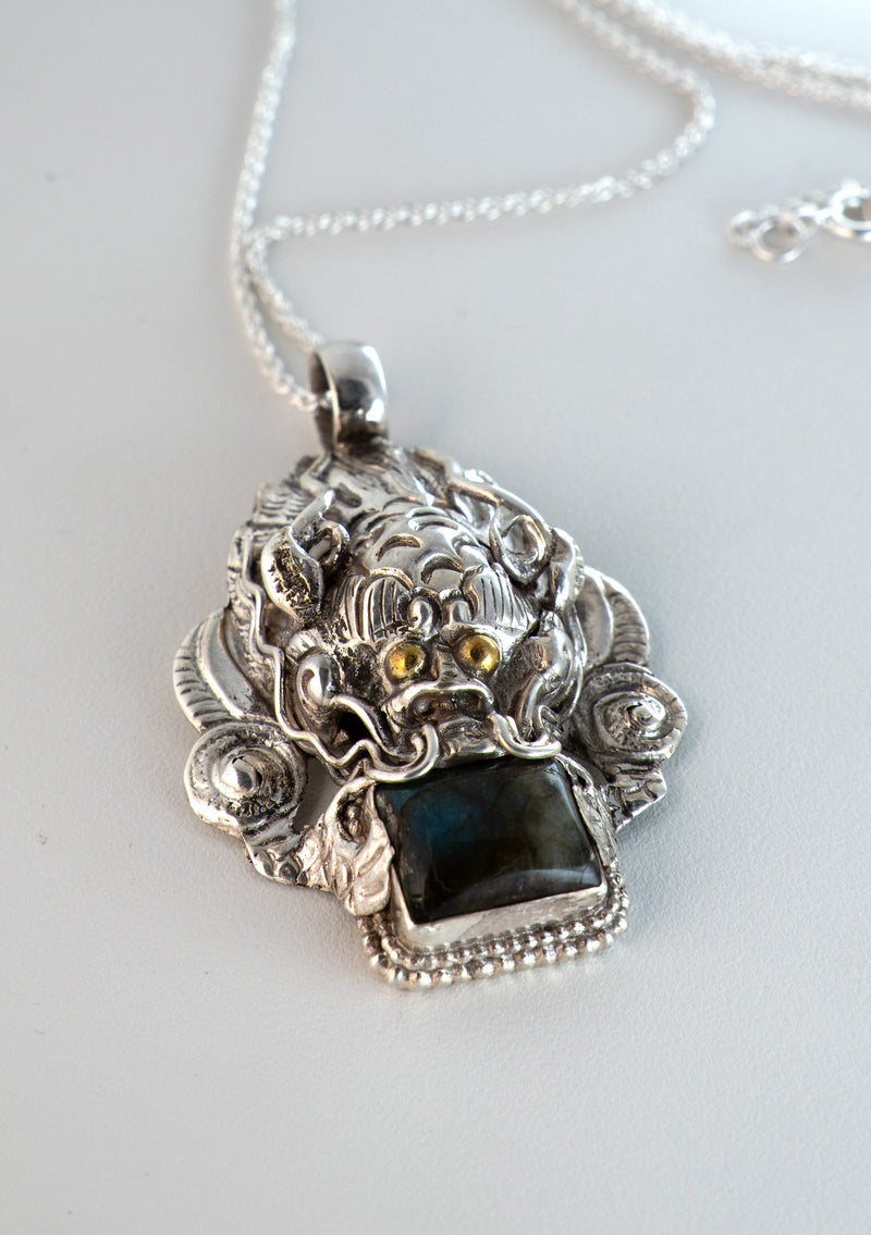 Sterling Silver Labradorite Dragon Pendant with Chain