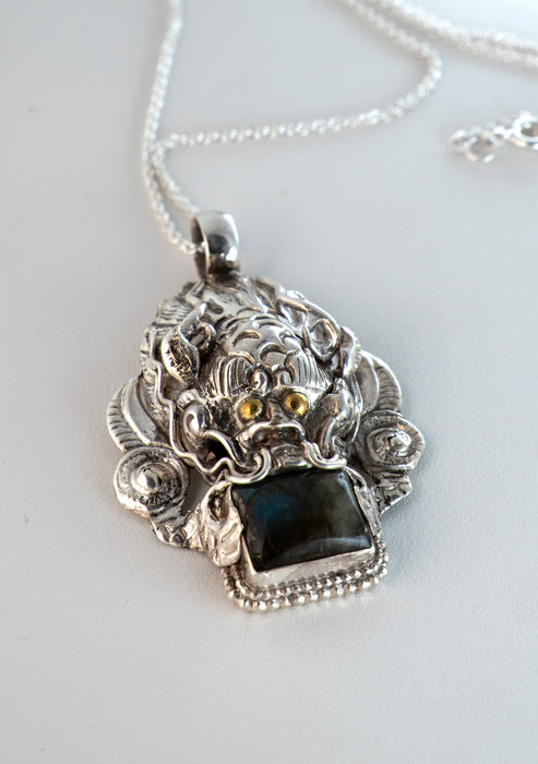 Sterling Silver Labradorite Dragon Pendant with Chain